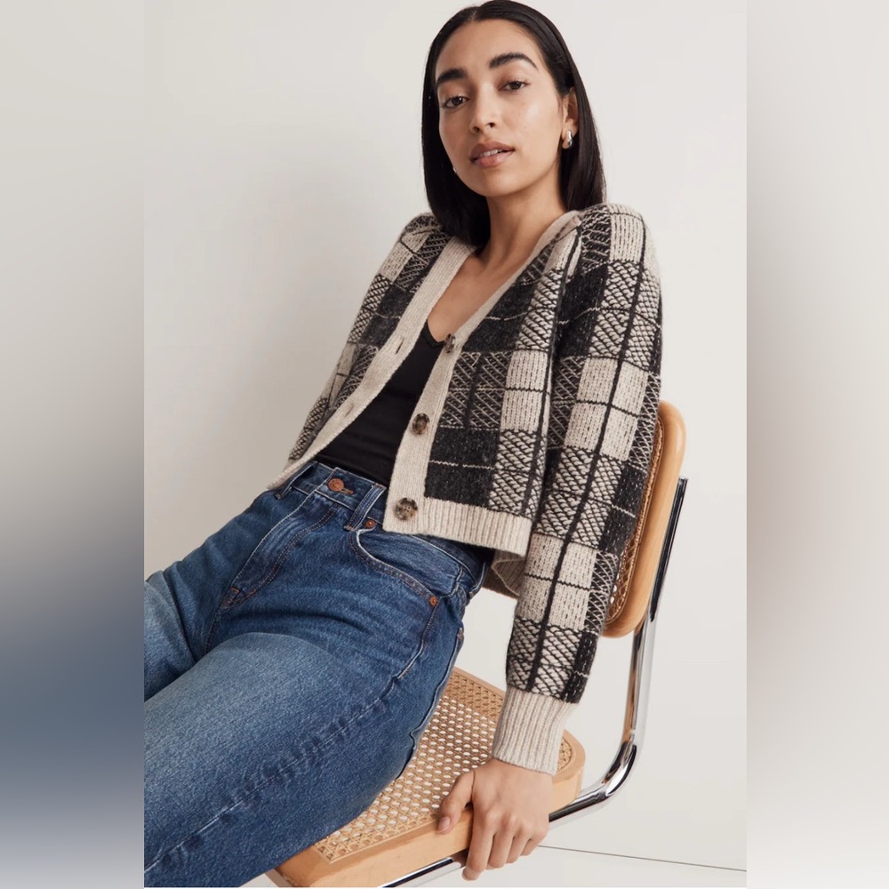 Madewell Button-Front Crop Cardigan in Plaid, small